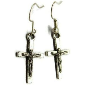 Cross Religious Silver Tone Vertical Drop Dangle Hook Earrings Womans